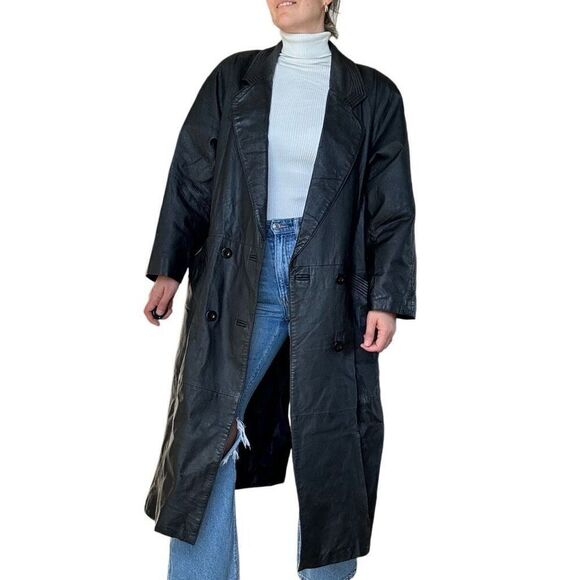 Vintage Outbrook Black Leather Maxi Length Trench Coat Women Size XL Classic